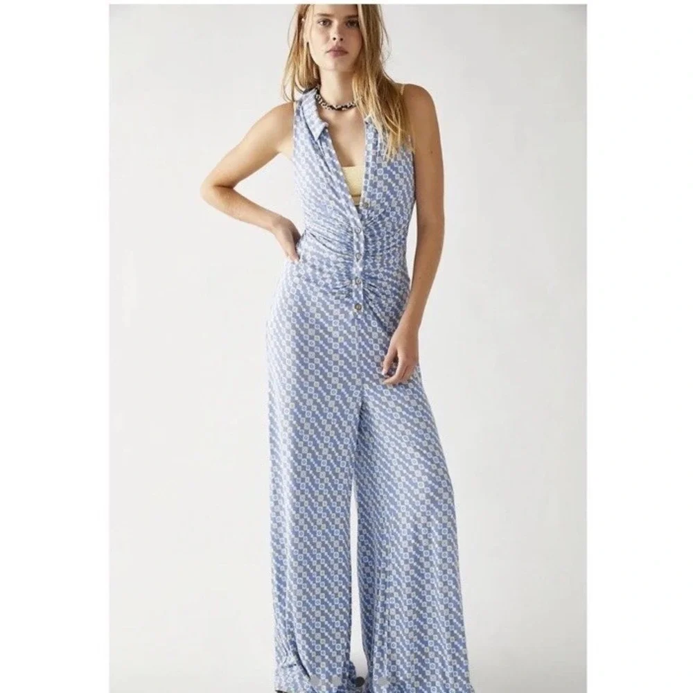 Free People Shayla‎ Blue & Yellow Wide Leg Jumpsuit S